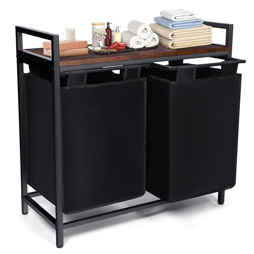 Whitmor Laundry Sorter, 92L Laundry Hamper with Shelf & 2 Removable Bags, 2 x 12.1 Gallons (46L), 28.8 x 13 x 28.4 Inches, Dirty Clothes Hamper Organizer for Laundry Room, Bathroom, Dorm, Black - size: 2 Section，Black