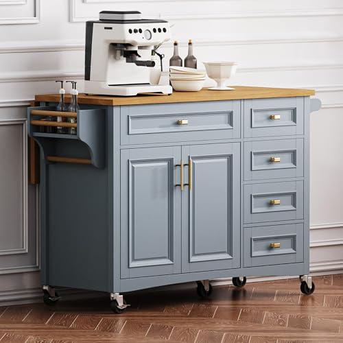 Large Kitchen Island with Rubber Wood Drop Leaf, Rolling Kitchen Cart with Ample Storage on Wheels with Doors and Drawers, Embossed Texture for Dining Room (52Inch, Grey, Golden Handle) - color: Grey Blue, size: 52 Inch
