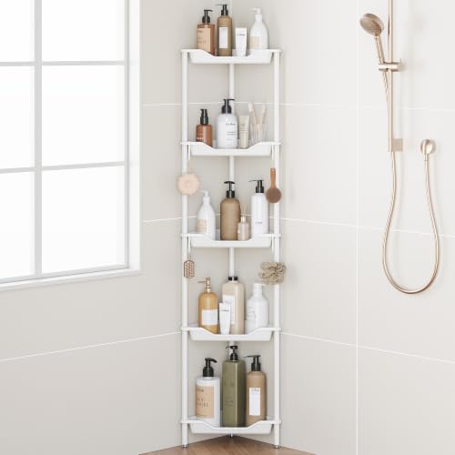 Orimade Rustproof 5 Tier Floor Standing Corner Shower Caddy Organizer, Plastic Aluminum Splicing Floor Corner Shelf Rack Stands for Bathroom, White - color: White, size: 5 Tier
