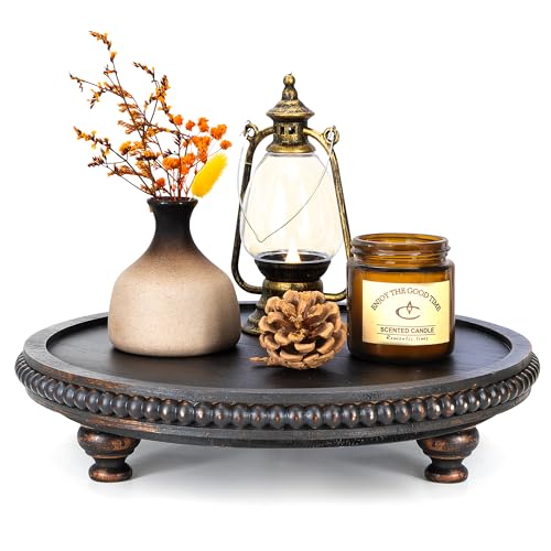 EOSAHR Round Wood Riser with Beads for Bathroom Decor, Distressed Black | Pine Wood, 3 Legs, 11.2" Pedestal Stand, Candle Holder & Cake Stand, Kitchen Counter Organizer, Decorative Accent - color: Old Black