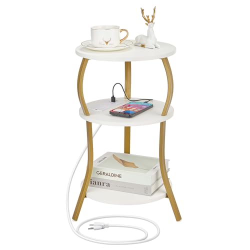 Small Round Side Table with Charging Station, 3-Tier Waist Circular End Table with Storage Shelf, Compact Tea Sofa Side Table Small Spaces, Round Corner Coffee Table for Living Room Bedroon,White+Gold - color: White+gold, style: USB Charger