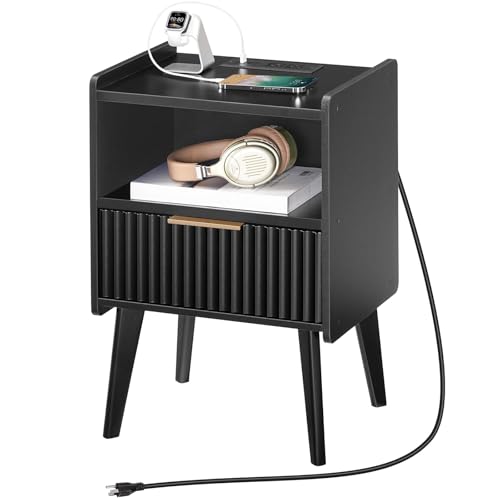 MAHANCRIS Black Nightstand with Charging Station, Modern Bedside Table with Drawer and Storage Shelf, End Side Table with Solid Wood Legs, Night Stand, Living Room, Bedroom, Small Space, ETBK61E01 - color: Black
