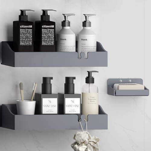 Acrylic Shower Caddy Bathroom Organizer,Rustproof Shower Shelves - No Drilling Wall Mount Shelf, Adhesive Bathroom Storage For Shampoo With Soap Holder 3 Pack - color: Dark Grey