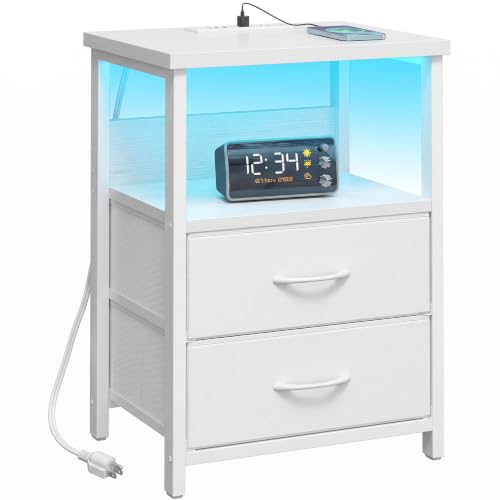 Fixwal White Nightstand for Women Bedroom, LED Night Stand with Charging Station, Bed Side Table with 2 Fabric Storage Drawers - color: White, size: 23.6"H (2 drawers), style: Power+Light (1pc)