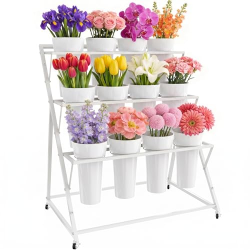 Flower Display Stand with 12 Buckets 3 Tier Flower Cart Display Stand White Metal Flower Bar Stand Moving Flower Stand Floral Bouquet Shelf for Indoor Outdoor Garden Wedding Party
