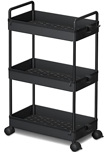 Ronlap 3 Tier Slim Rolling Storage Cart with Wheels Plastic Utility Cart Organizer for Snack Craft Art Postpartum Baby Diaper Nail Makeup in Bathroom Laundry Room Kitchen Bedside Narrow Space, Black - color: Black