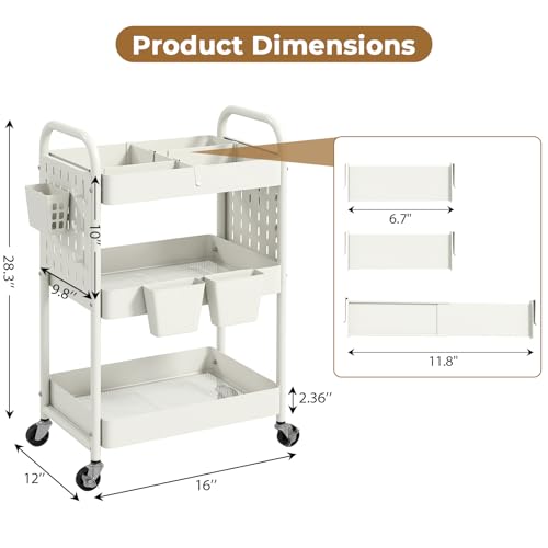 danpinera Craft Cart, Black Rolling Cart with Retractable Dividers & DIY Pegboards for Kitchen, Bedroom, Laundry - color: White