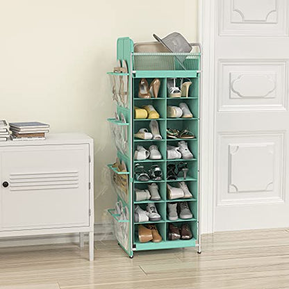 Simple Houseware 16 Cube Shoe Stand Tower Rack 8 Tier, Turquoise | Top Shelf and Side Hanging Pockets - color: Turquoise