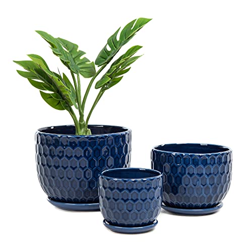 Ceramic Flower Pots with Drainage Hole and Saucer, North European Style Round Indoor Succulent Planters with Honeycomb Inspired Texture Design, Small to Medium-Sized, Set of 3, Navy Blue - size: 6.4"+5.2"+3.7" - Set of 3, style: Modern