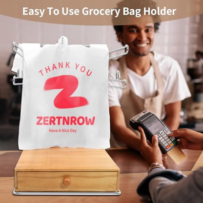 Detachable Plastic Grocery Bag Holder with Wooden Drawers Base, Grocery Bag Holder and 200 Count Plastic Bags, Chrome Plated T-Shirt Bags Rack with Stores, Grocery Store，Supermarkets, Homes, Kitchens