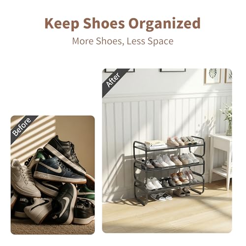 3 Tier Shoe Rack - Expandable Shoe Organizer for Closet, Adjustable Metal Shoe Shelf Storage, Stackable Long Shoe Stand Holder for Garage, Entryway, Door Entrance - size: 3 Tier