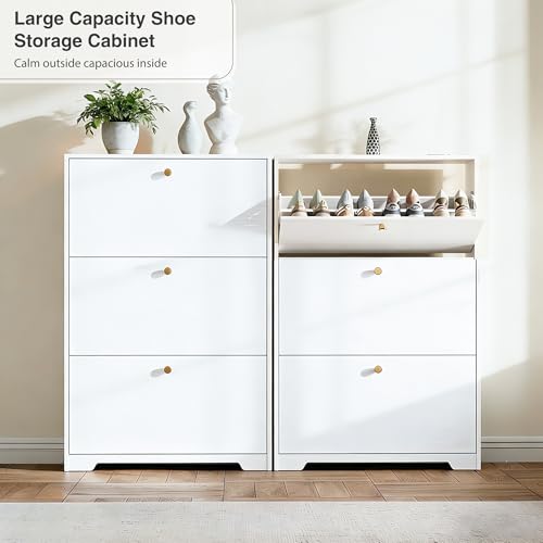 Nicetree Shoe Cabinet with 3 Flip Drawers, Narrow Shoe Organizer Cabinet, Freestanding Shoe Rack Cabinet, Modern Shoe Storage Cabinet for Entryway, Hallway, Foyer, White with Hook - color: White, style: 3-Drawers with Hook