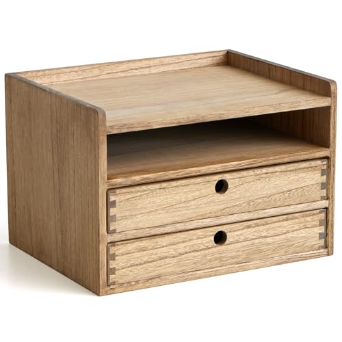KIRIGEN Desktop Organizer Cabinet with 2 Drawers and Tray, Wood Office Desk Storage Shelf, 3-Tier Countertop Organizer for Papers, Supplies, Cosmetics, Kitchen Accessories Brown DT3D2C-DBR - color: Dark Brown, size: 3 layer-2 drawers