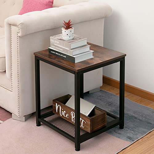 Industrial End 2-Tier Side Table with Storage Shelf Sturdy Easy Assembly Wood Look Accent Furniture with Metal Frame - color: Rustic Brown 3