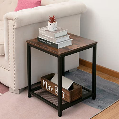 Industrial End 2-Tier Side Table with Storage Shelf Sturdy Easy Assembly Wood Look Accent Furniture with Metal Frame - color: Rustic Brown 3