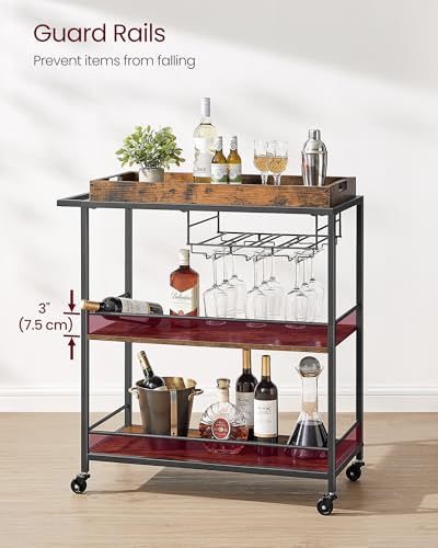 VASAGLE Kitchen Serving Cart with Removable Tray, 3-Tier Kitchen Utility Cart on Wheels with Storage, with Brakes, Leveling Feet, 15.7 x 34.6 x 37.8 Inches, Rustic Brown and Black ULRC093B01 - color: Rustic Brown + Black, size: 15.7"D x 34.6"W x 37.8"H