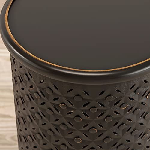 Jofran Mango Wood Drum End Table with Distressed Finish, Rustic Global Style Side Table for Living Room Bedroom, Accent Table, Antique Black - color: Antique Black