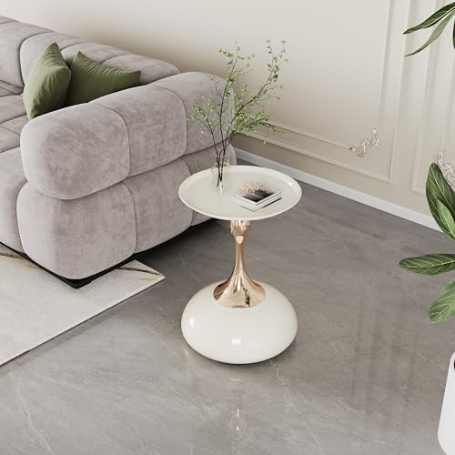 Luxury Round End Table White Gold Modern Small Side Table 15" Living Room Table Iron Sofa Coffee Table Cute Shape, White Gold - color: White