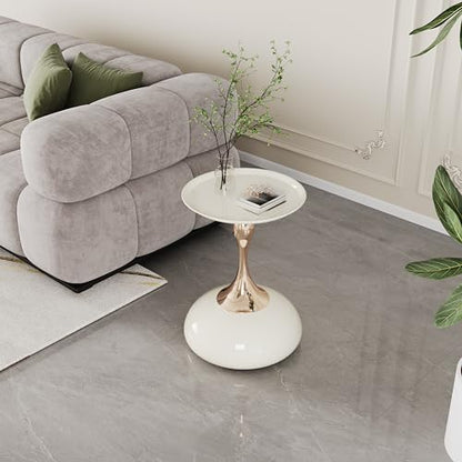 Luxury Round End Table White Gold Modern Small Side Table 15" Living Room Table Iron Sofa Coffee Table Cute Shape, White Gold - color: White