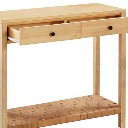 Nathan James Evelyn Modern Farmhouse Wood Console Table, Entryway Table with Storage, Open Lower Shelf with Woven Leather Straps, Natural Brown - color: Evelyn Natural Brown, size: Set of 1