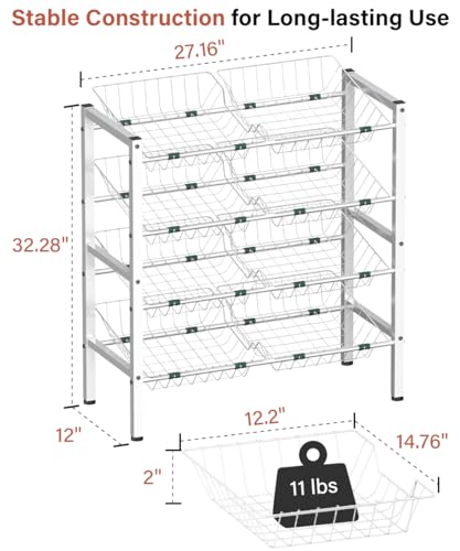 4-Tier Fruit and Vegetable Storage Rack with 8 Removable Baskets, Small Kitchen Island, Pantry Floor Organizer Stand Shelves for Snack Onion Potato Storage, White - style: 8 Baskets-White
