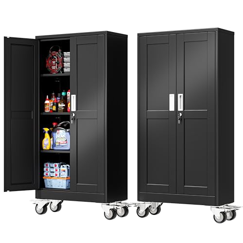 PAOFIN 61''H Metal Garage Storage Cabinet with Wheels,Steel File Cabinets with 2 Doors and 3 Adjustable Shelves for Home Office, Warehouse, Required Assembly,Black - color: Black, size: 61"