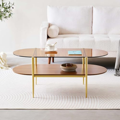 LumFurn Oval Glass Coffee Table, Mid-Century Modern Design, L41 x W21 x H17 inch, for Living Room, 2-Tier Structure, Amber Glass Top and Walnut Finish Wood Shelf, Conical Legs with Gold Finish Frame - color: Amber & Walnut, size: L41" Oval Coffee Table