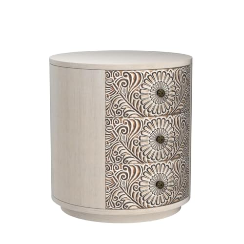COSIEST 3 Drawer Chest of Drawers, 20 inch MDF Round Storage Cabinet, Retro Whitewash Finish Nightstand, Wood Bedside Table with Drawers for Bedroom Living Room,Light Gray - color: Wood Color-round-carved
