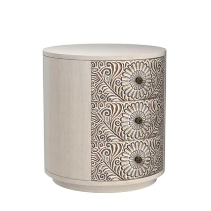 COSIEST 3 Drawer Chest of Drawers, 20 inch MDF Round Storage Cabinet, Retro Whitewash Finish Nightstand, Wood Bedside Table with Drawers for Bedroom Living Room,Light Gray - color: Wood Color-round-carved