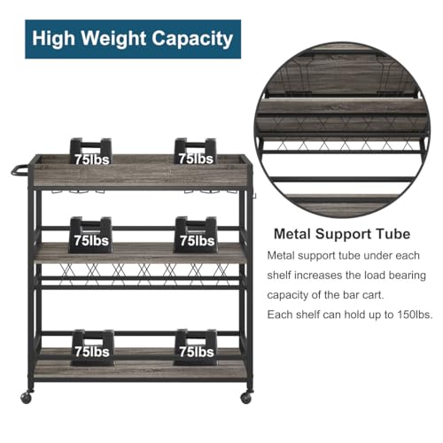 Bar Cart, Home Bar Serving Cart on Wheels, Mobile 3 Tier Liquor Beverage Carts with Wine Rack and Glass Holder (Grey Oak) - color: Grey Oak, size: 14.17"D x 37.01"W x 35.23"H