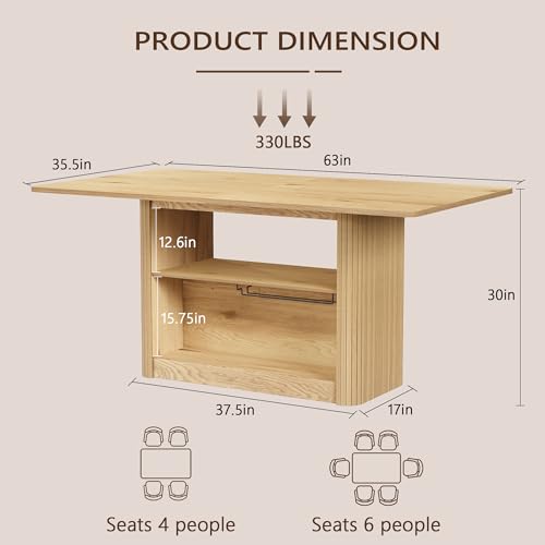 FUQARHY 63" Dining Table with Storage, Farmhouse Rectangular Kitchen Table - color: Yellow Oak