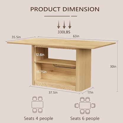 FUQARHY 63" Dining Table with Storage, Farmhouse Rectangular Kitchen Table - color: Yellow Oak