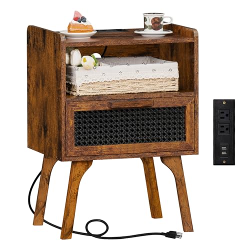 Lerliuo Rattan Nightstand with Charging Station, Side Table with Drawer Open Shelf, Cane Accent Bedside End Table with Solid Wood Legs, Night Stand for Bedroom, Dorm and Small Spaces (Brown) - color: Brown, size: 1 pack