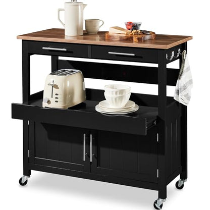 Best Choice Products 36in Large Rolling Kitchen Island Cart, 2-Door Cabinet, 2 Drawers, Pull-Out Shelf, Power Outlet, Hooks, & Swivel Lockable Wheels - Black - style: Black