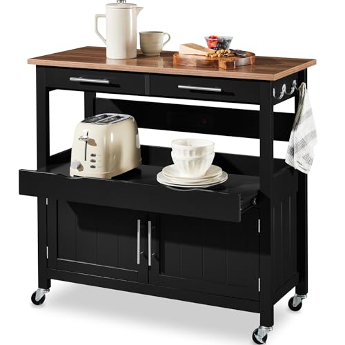 Best Choice Products 36in Large Rolling Kitchen Island Cart, 2-Door Cabinet, 2 Drawers, Pull-Out Shelf, Power Outlet, Hooks, & Swivel Lockable Wheels - Black - style: Black