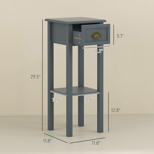HOMCOM Narrow End Table with Drawer and Bottom Shelf, Slim Side Table for Small Spaces, Skinny Modern Accent Desk for Living Room, Set of 2, Gray - color: Grey