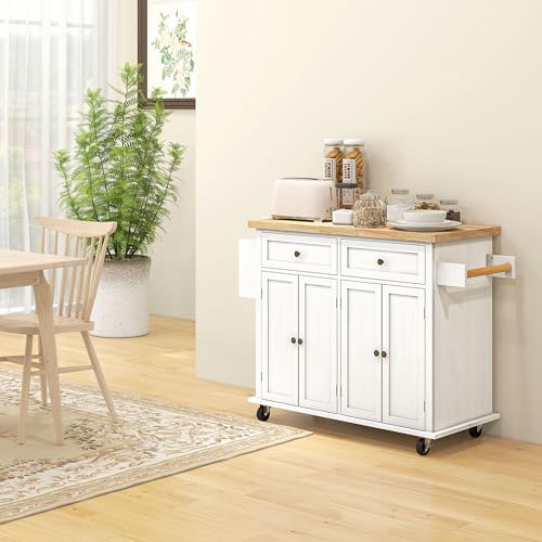 HOMCOM Kitchen Island Cart with Solid Wood Top 44" Mobile Distressed White | Kitchen Island Table, on Wheels, Storage Cabinets, 2 Drawers, Adjustable Shelves, Spice Rack & Towel Bar, for Dining Room - color: Distressed White