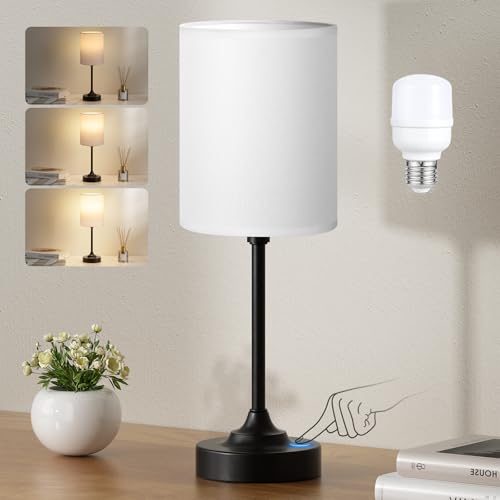 Fenmzee Touch Nightstand Bedroom Lamp - 3 Way Dimmable Bedside Lamp, Small Table Lamp Linen Lampshade for Office Desk, LED Bulb Included - color: White Shade-Black Base, size: 14" Touch Control