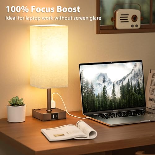 Brown Touch Lamps Set of 2 for Bedroom - Dimmable, USB C+A, 2 AC Outlets | 3-Way Dimming, 3000K LED Bulbs Included, Square Beige Lampshade Brown Base, Small Bedside Lamp for Nightstand, Desk, Dorm - color: Brown