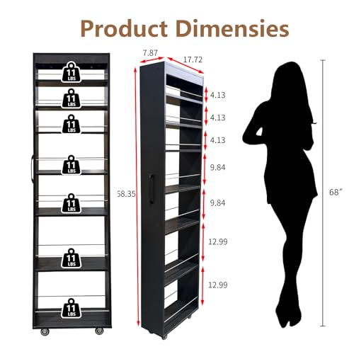 7-Tier Slim Mobile Shelving Cart with Wheels, Rolling Pantry with 7 Racks, Narrow Pull-Out Utility Cart, Space Saving Storage Organizer Carts for Kitchen Living Room Bathroom Narrow Spaces, Black - size: Black & 7.87"D x 17.72"W x 70.87"H