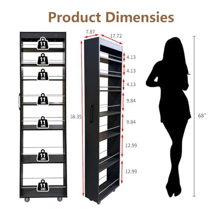 7-Tier Slim Mobile Shelving Cart with Wheels, Rolling Pantry with 7 Racks, Narrow Pull-Out Utility Cart, Space Saving Storage Organizer Carts for Kitchen Living Room Bathroom Narrow Spaces, Black - size: Black & 7.87"D x 17.72"W x 70.87"H