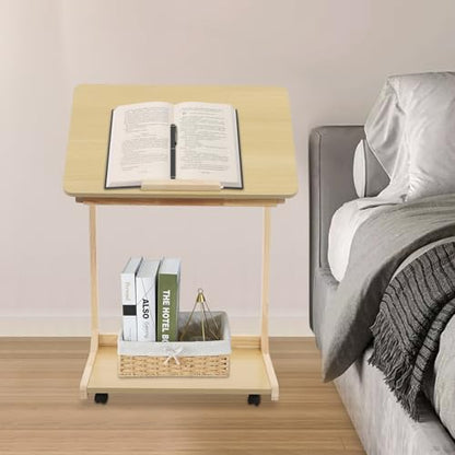 Modern C-Shaped End Table, 2 Tier Sofa Side Table with Wheels and Adjustable Desktop Small TV Tray Tables for Living Room Bedroom Apartment (Wood, 60cm) - color: Wood, size: 60cm