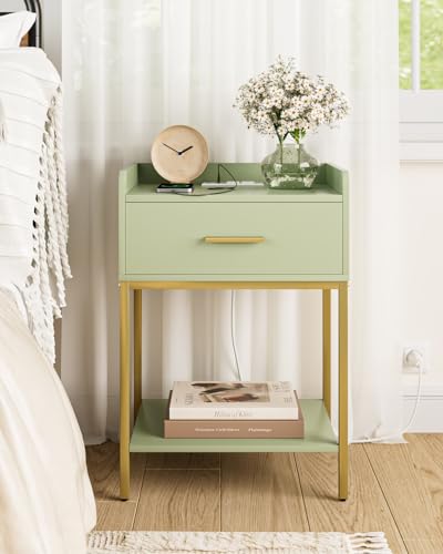 Nightstand with Charging Station,3-Tier Modern Bedside Table Night Stand with Storage Drawer and Open Shelf,Small End Side Table for Bedroom,Living Room,Green - color: Green With Charging Station