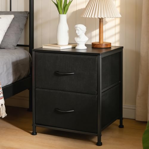 Fabric Nightstand with 2 Drawers, Small Night Stand Bedside Table with Two Drawer Dresser End Table for Bedroom Living Room Small Spaces, Wooden Top - color: Black