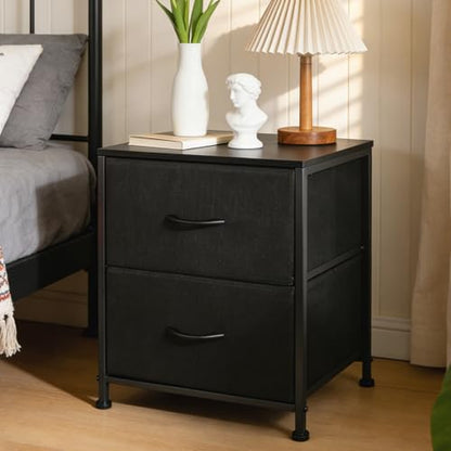 Fabric Nightstand with 2 Drawers, Small Night Stand Bedside Table with Two Drawer Dresser End Table for Bedroom Living Room Small Spaces, Wooden Top - color: Black