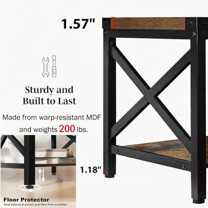 Industrial End Table for Living Room, 18" Large Square Side Table with 2-Tier Storage Shelf, X-Design Metal Frame, Rustic Brown Modern Farmhouse Nightstand Bedside Table for Bedroom Office