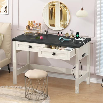 YOMILUVE Farmhouse Computer Desk with 2 Drawers, 39 Inch Small Office Computer Desk with Power Outlets, Compact Writing Study Vanity Desk for Small Spaces, Black and White - color: Black and White