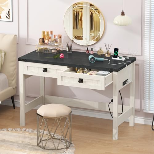 YOMILUVE Farmhouse Computer Desk with 2 Drawers, 39 Inch Small Office Computer Desk with Power Outlets, Compact Writing Study Vanity Desk for Small Spaces, Black and White - color: Black and White