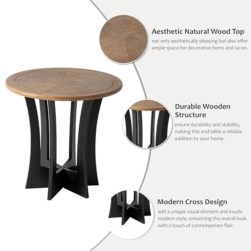 COZAYH Farmhouse Round End Table X 2P with Criss-Cross Wood Legs, Rustic French Country Side Table for Dinning or Living Room, Modern, Black, Natural Wood Color - color: Black