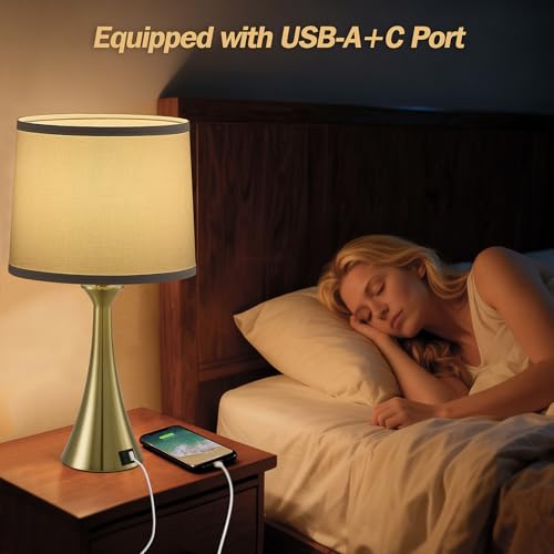 Touch Lamp for Living Room Bedroom, 21" Table Lamps Set of 2 with USB C+A Ports and White Lamp Shades, 3 Way Dimmable Gold Touch Bedside Lamps for Nightstand, 2 LED Bulbs Included - color: Gold & White Shade